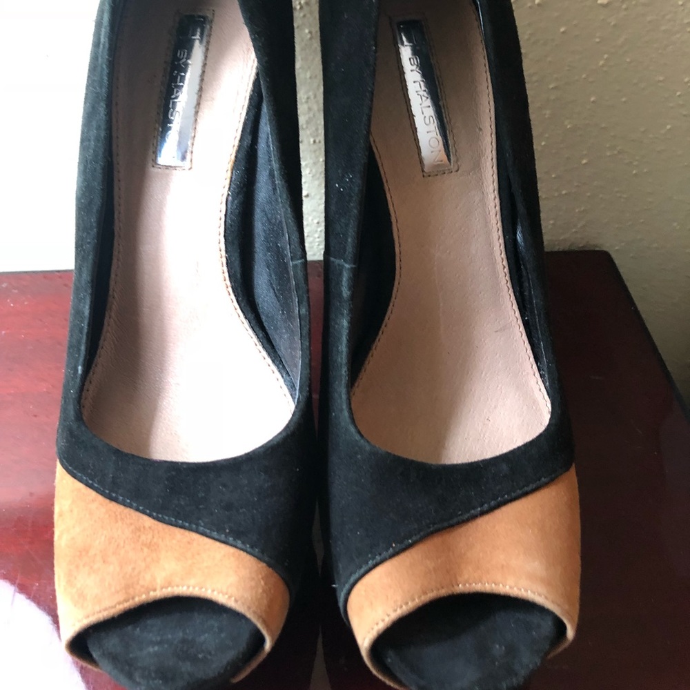 Brown and black suede heels